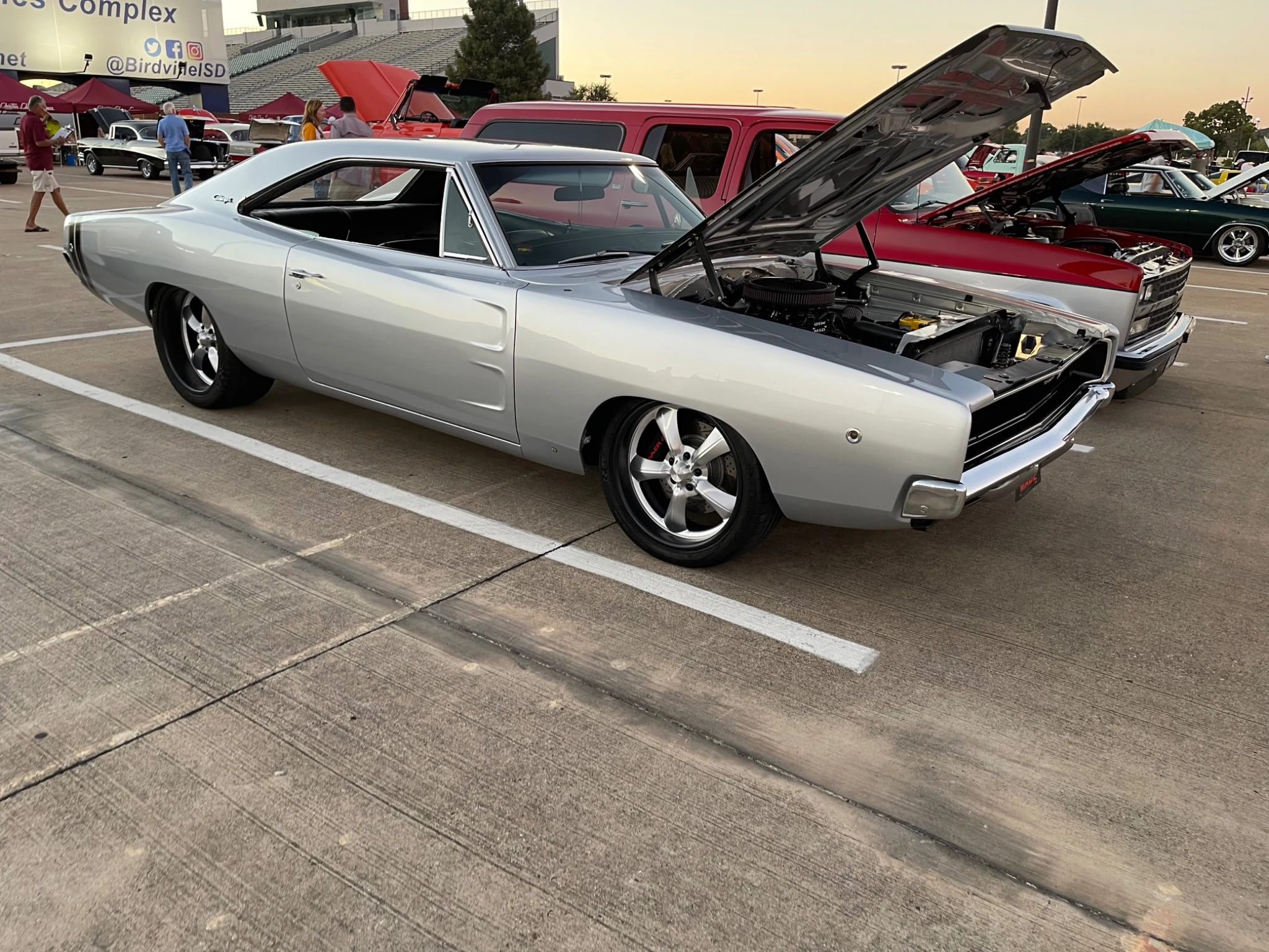 1968 Dodge Charger displayed with the hood open