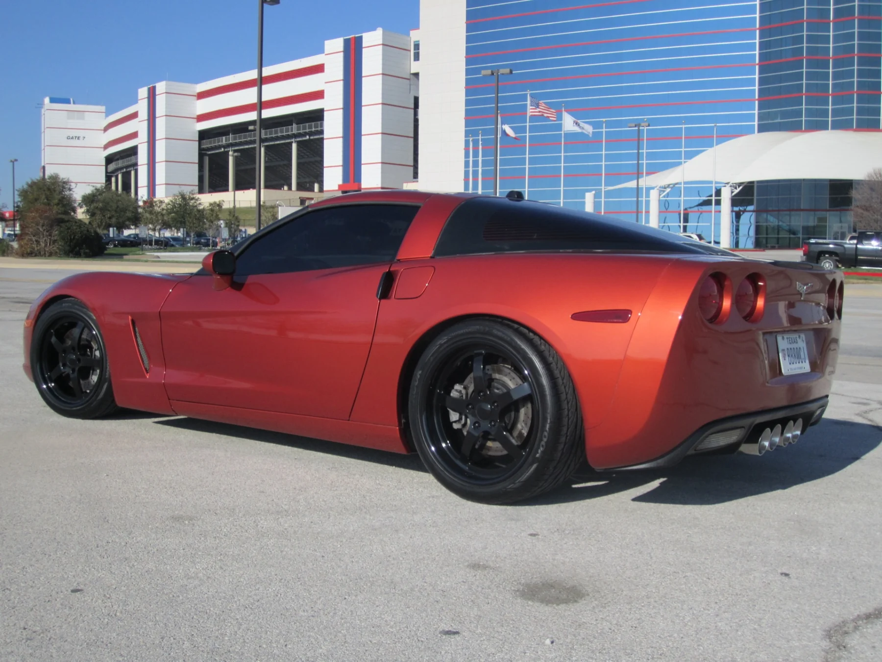 Corvette rear three-quarter view and lowered stance